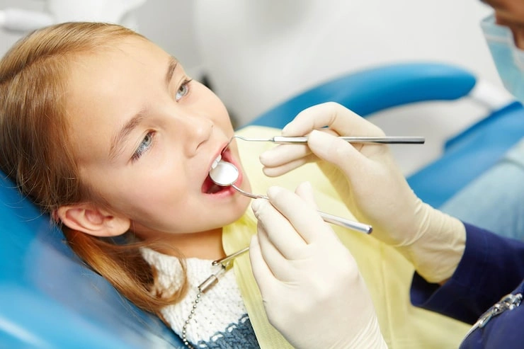 little caucasian girl sitting chair pediatric dentistry clinic early prevention raising awareness oral hygiene demonstration concept 474532 99
